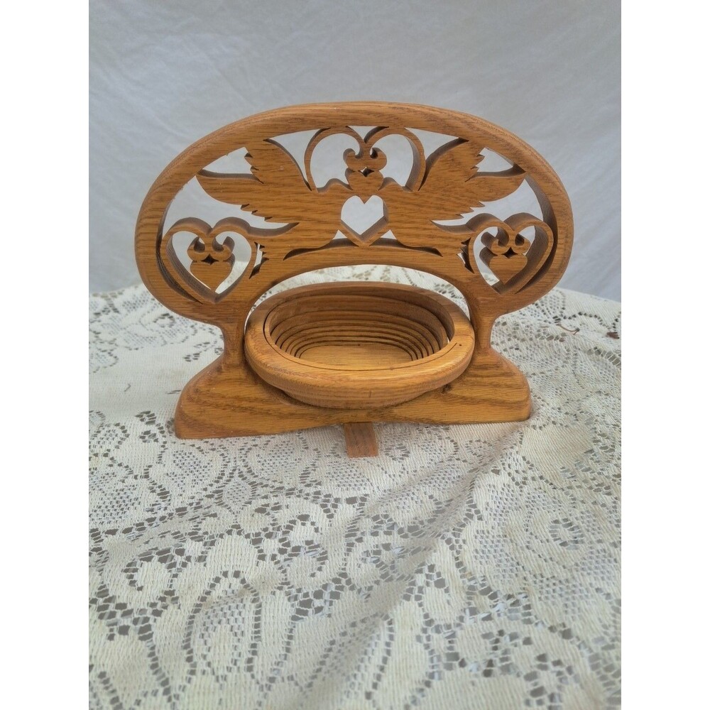 Vtg Ornate Oak Wood Love Birds Hearts Collapsible Bowl Basket Trinket Dish